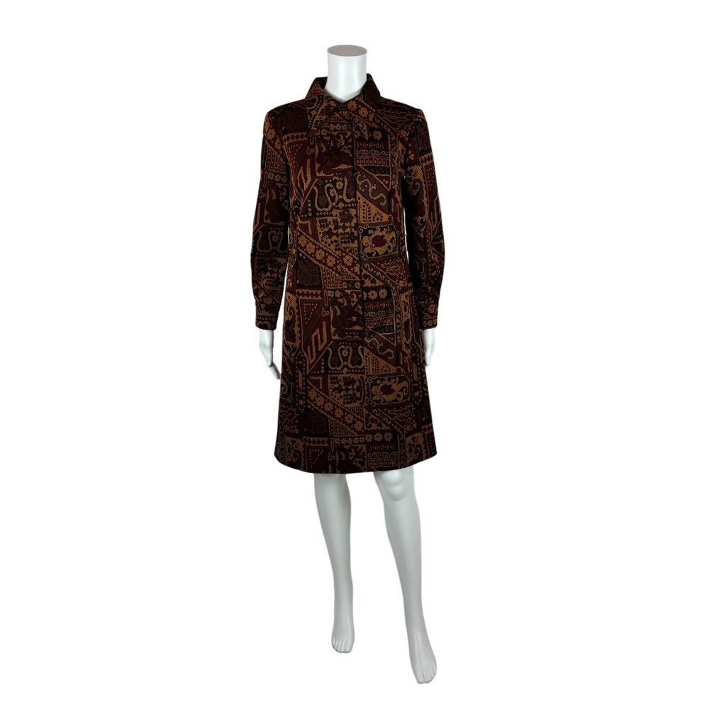 Vintage 70s Paisley Dress Women's Small Brown Long Sleeve Bohemian Shift